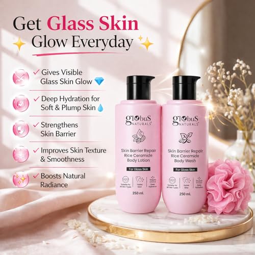 Image of Globus Naturals Rice Ceramide Body Care Combo for Glass Skin | Body Wash + Body Lotion + Loofah | Deep Hydration, Barrier Repair & Brightening Glow | Rice Body Care | Soft, Smooth & Radiant Skin | Daily Use for Men & Women | All Skin Types