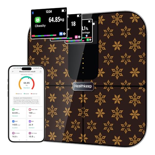 Healthkeep Personenwaage, angeschlossen, Bluetooth, mit TFT-Farbdisplay und ITO-Technologie, 25 Körperdaten mit Herzfrequenz, App, für Android und iOS, 180 kg/400 lb/28st, Braun Healthkeep Personenwaage, angeschlossen, Bluetooth, mit TFT-Farbdisplay und ITO-Technologie, 25 Körperdaten mit Herzfrequenz, App, für Android und iOS, 180 kg/400 lb/28st, Braun