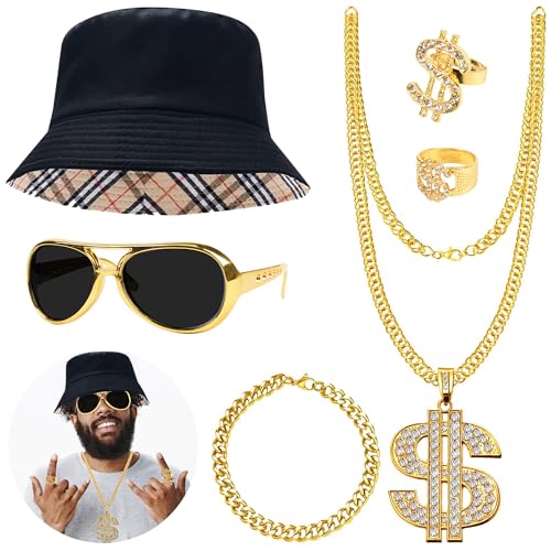 KEYIDO 6 PCS Fake Gold Chain and Dollar Sign Necklace with R