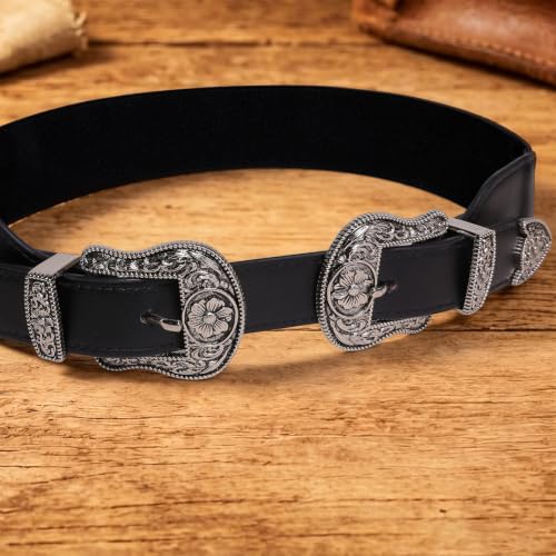 Image of Womens Belt Chain Leather Belts Vintage Western Adjustable Elastic Double Buckle for Cowboy Pant Dress