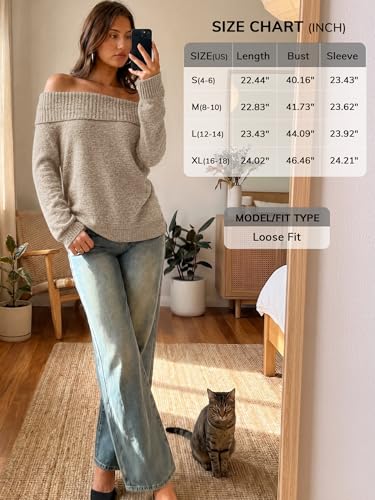 ATHMILE Womens Off The Shoulder Sweaters Oversized Batwing Sleeve Loose Pullover Fall Outfits Winter Fashion Tops 2026 Khaki — view 6