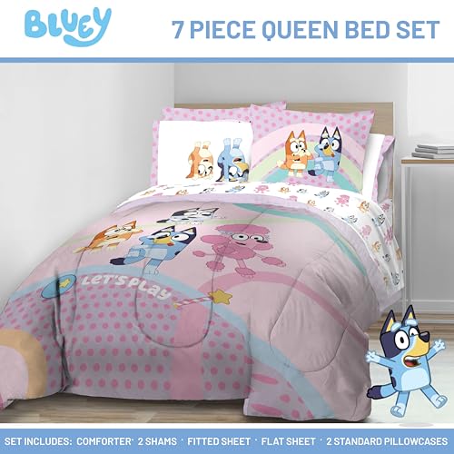Image of Bluey Bingo Queen Comforter Set 7 Piece Kids Bedding for Girls, Pink | Bed in a Bag, Comforter Sheets Shams Pillowcases, Official Brand, Soft Microfiber, Machine Washable, Girls Gift
