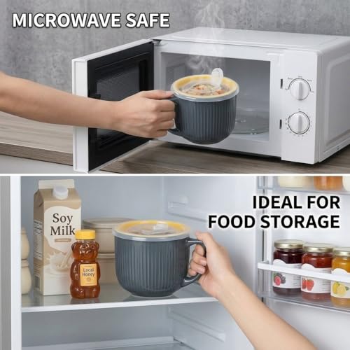Hoilse Ceramic Soup Bowl with Handle – Large 900ml Microwave Soup Mug with Lid, Soup Container & Cup for Cereal, Oatmeal, Ramen, Noodle, Porridge, Housewarming Gift - (Grey) - Image 6