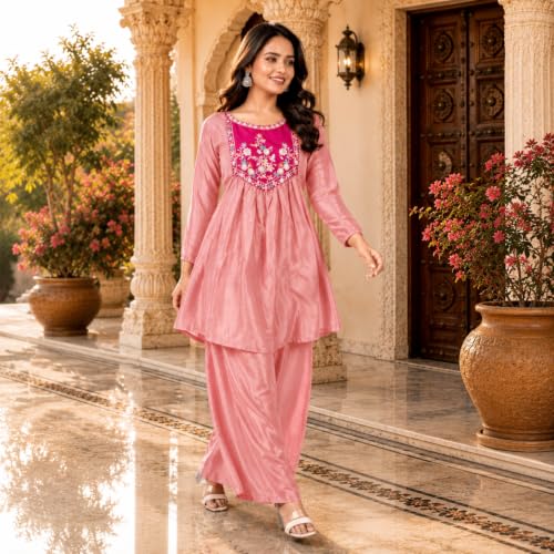 Image of Embroidered Sharara Set for Women | Roman Silk Short Kurta with Flared Sharara Pants | Designer Festive Ethnic Wear Suit Set for Weddings, Sangeet & Celebrations