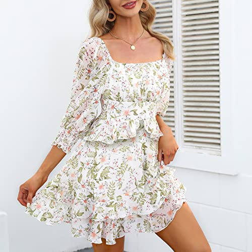 Exlura Womens Floral Ruffle Sun Dress Sundress Tiered Square Neck Long Sleeve Off Shoulder Smocked Skater Mini Dress White #TOP4