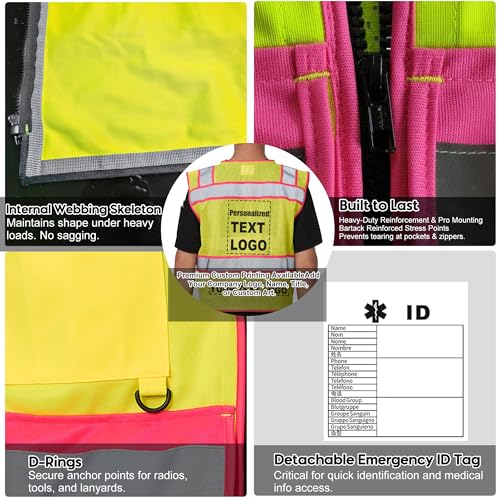 Image of A-SAFETY High Vis Reflective Safety Vest for Men Women Zipper Ipad Pockets Mesh Construction Apparel Neon Vest for Work