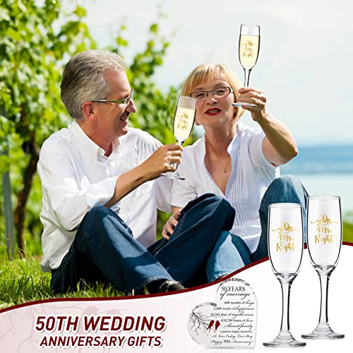3 Pcs 50Th Anniversary Wedding Gifts 50 Year Anniversary Acrylic Crystal Heart With Champagne Flutes 6 Oz Wine Glasses Marriage Keepsake 50 Anniversary Presents For Couple Friends Parents Wife Her #TOP6