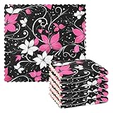 Paquete de 6 paños de limpieza de microfibra con flores blancas magenta, mariposas, negras, paquete de 6 toallas absorbentes para decorar la cocina, 11 x 11 pulgadas