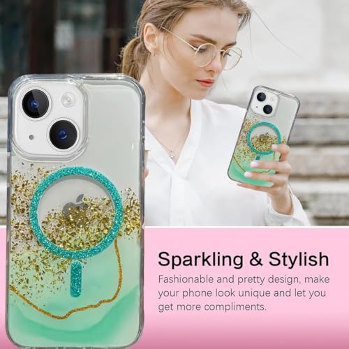 Image of mobistyle Compatible with iPhone 14 | Magentic Glitter Gradian Elegant | Camera Lens Protection Back Cover Case for Women Girls iPhone 14 (Green)