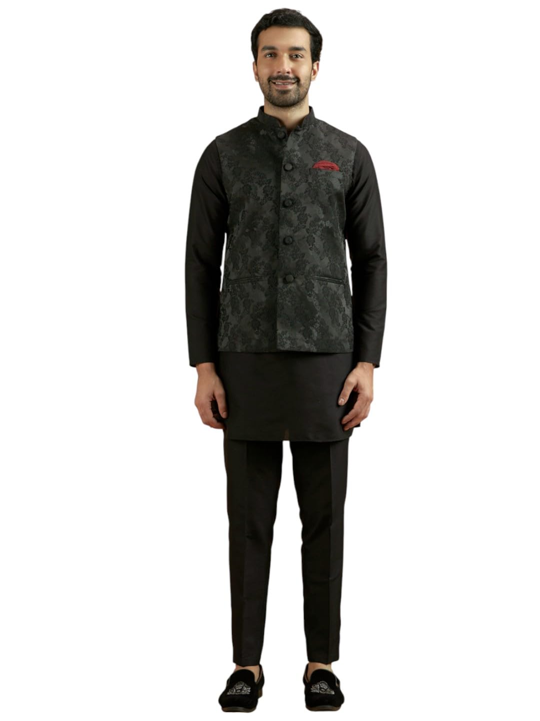 kisah Men's Black Nehru Jacket, Silk Fabric, Rose Print Design, Ethnic Festive Traditional Waistcoat Cotton, Regular Fit-picture-17