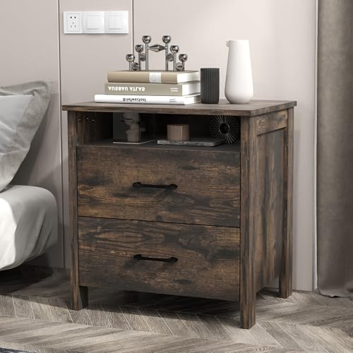 Furnivado Farmhouse Nightstand, Rustic Nightstand with 2 Large Drawers, Wood