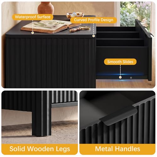 Image of Wodeer 9 Drawer Black Dresser for Bedroom, 62 inch W Wood Storage Cabinet with Fluted Design, Modern Chest of Drawers & TV Stand for Living Room, Nursery Clothing Organizer with Metal Slides, Anti-Tipping