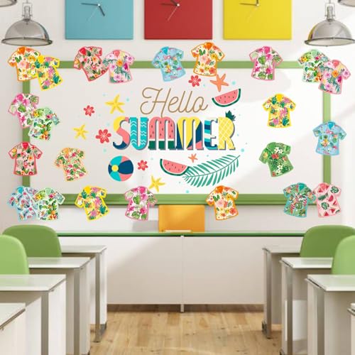 Image of 48Pcs Hawaiian Flower Shirt Cutouts Summer Bulletin Board Decorations Colorful Flower Shirt Paper Cut-Outs Tropical Theme Cutouts for Summer Party Home Office School Classroom Decor