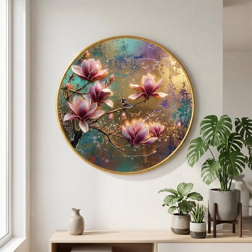 Image of SAF Magnolia Flower Wall Painting with Golden PVC Frame Round Bird Floral Art Modern Luxury Wall Decor for Living Room Bedroom Office Home Decorative Elegant Gift Item (16 x 16 Inch) GRM-360