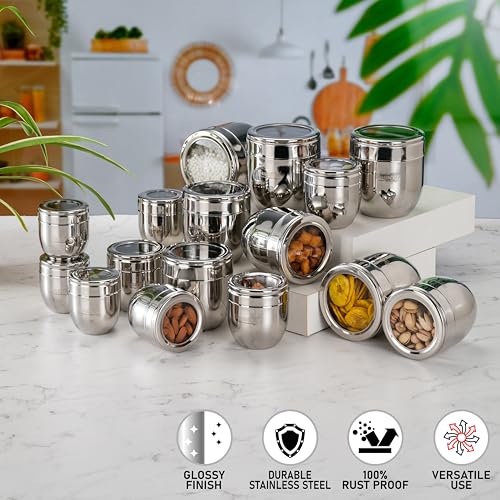 Image of Sumeet Stainless Steel Conical Shape Canisters /Dabba /Storage Containers for Kitchen with See Through Lid, Set of 16 Pcs, (150ml-6cm Dia-4Pc, 250ml-7cm Dia-4Pc, 400ml-8.5cm 4Pc, 500ml-9cm 4Pc)- Silver