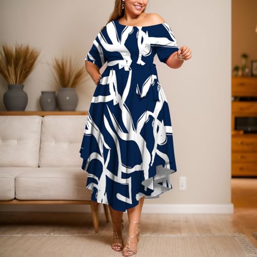 Image of Plus Size Women Wedding Guest Dress Off Shoulder Boat Neck Irregularly Flowy Midi Church Dress