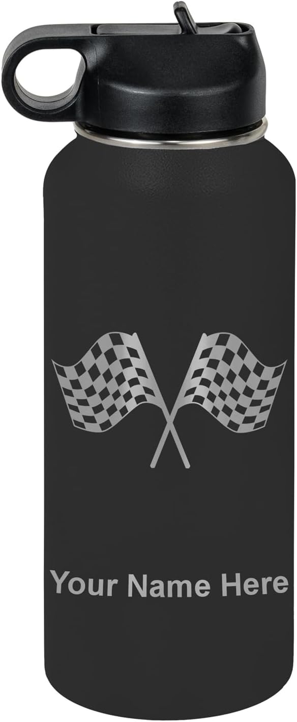 LaserGram Personalized Water Bottle, Racing Flags, Stainless Steel Double Wall Vacuum Insulated with Flip Top Straw, Custom Engraved Gift (32oz / 950ml Black)
