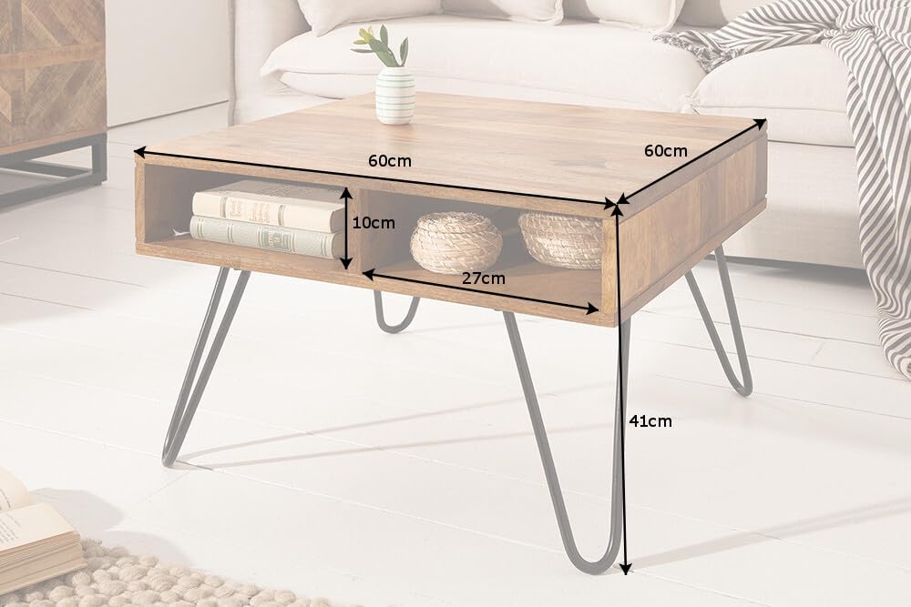 Couchtisch SCORPION 60cm - schwarz natur - Sheeshamholz - robust | Stauraum, Massivholz, Unikat, individuelle Maserung, angenehme Haptik, Metallgestell, Retro Look