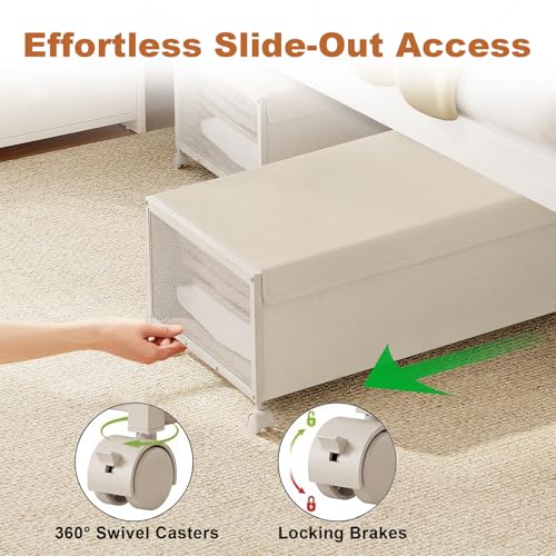 Image of 2 Pack Under the Bed Storage Containers,12 inch Height Under Bed Shoe Storage,31inch Long Underbed Storage with Wheels,Large Rolling under bed Clothes Storage Drawers with Lid for Dorm Tall,Ivory