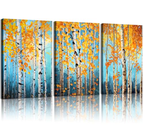 EEYNAQQ 3 Pcs Framed Autumn Birch Tree Canvas Wall Art