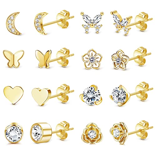 YADOCA 8 Paires Boucles d oreilles pour Femme Filles Petite Boucles D oreilles en Acier inoxydable Argent Hypoallergéniques Boucles d oreilles Lune Coeur Papillon Zircone Cubique Boucles Doreilles