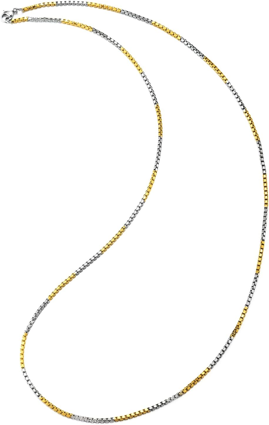 COOLSTEELANDBEYOND 2mm Box Chain Necklace, Thin, Stainless Steel Silver Gold Two Tone, Mens