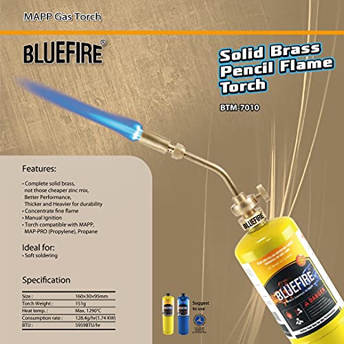 Bluefire Solid Brass Pencil Flame Gas Welding Torch Head Nozzle Upgraded Full Metal Version Fuel By Mapp Map Pro Propane Cga600 Cylinder (Torch With Mapp Kit) #TOP1