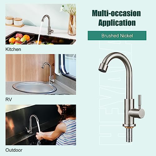 Cold Water Only Kitchen Faucet Brushed Nickel Single Handle 1 Hole 360 Degree Swivel Spout Deck Mount High Arc Sus304 Stainless Steel Sink Bar Tap Goose Neck With Hose(Drain Not Included) #TOP3