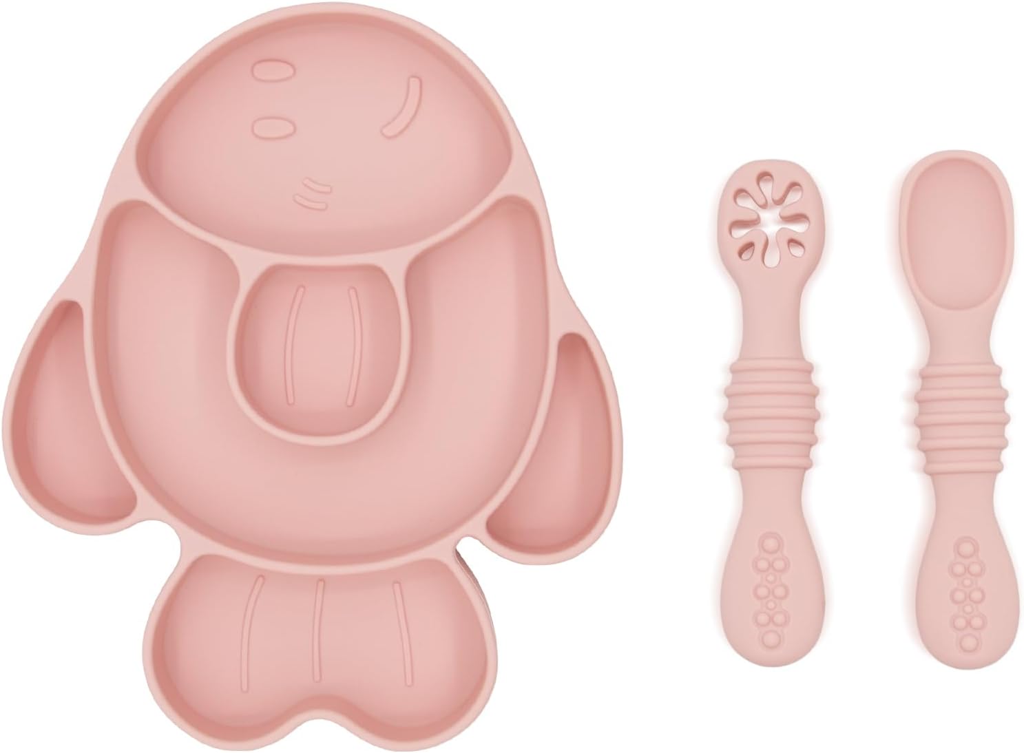 BabyX Baby Silicone Feeder Set, 3-pcs Pink-Fish-themed Baby Plate with Suction, Spoon and Fork for Babies Toddler Kids, BPA-Free, Baby Utensils Feeding Supplies, Microwave and Dishwasher Safe