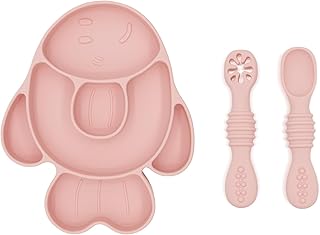 BabyX Baby Silicone Feeder Set, 3-pcs Pink-Fish-themed Baby Plate with Suction, Spoon and Fork for Babies Toddler Kids, BPA-Free, Baby Utensils Feeding Supplies, Microwave and Dishwasher Safe