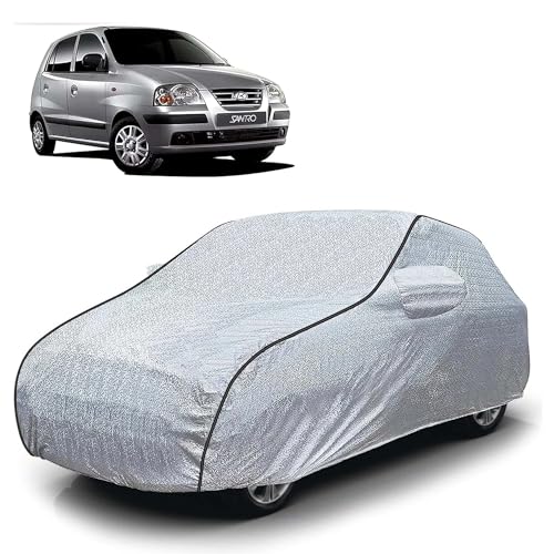 Image of Sulfar 100% Waterproof Car Body Cover Compatible with Mirror for Hyundai Santro Xing (Triple Stitched, Full Bottom Elastic, Magic Silver with Black Piping)