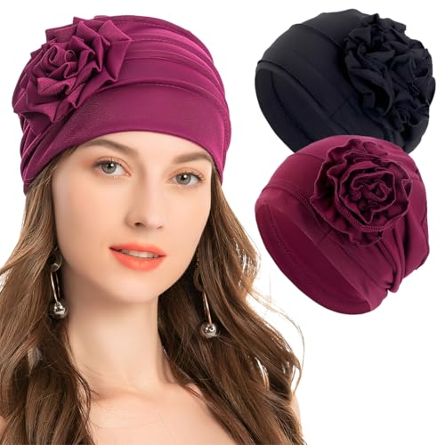 THQAE 2 szt. chemo nakrycia głowy dla kobiet, turban, zestaw nakryć głowy dla kobiet, oddychające nakrycie głowy z rakiem, elastyczne czapki chemiczne dla kobiet z wypadaniem włosów
