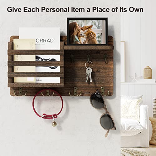Nekon Mail Holder For Wall Mail Organizer With Key Hooks Hallway Farmhouse Decor Letter Sorter Made Of Natural Wood With Floating Shelf And Flush Mount Hardware (16.8Inch X 10Inch X 3.2Inch) #TOP3
