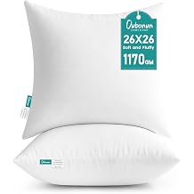 Oubonun 26 x 26 Throw Pillow Inserts | Soft, Plush & Decorative Down Alternative Pillows for Couch Sofa Bed, Machine Washable - White, Pack of 2
