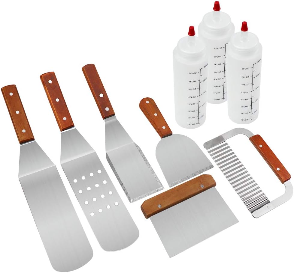 AUTOPkio Grill Griddle Accessories Kit – 9Pcs Professional Heavy Duty Stainless Steel Griddle Spatula & Scraper BBQ Tool Set Barbecue Grilling Utensils for Flat Top Cooking Tailgating AUTOPkio Grill Griddle Accessories Kit – 9Pcs Professional Heavy Duty Stainless Steel Griddle Spatula & Scraper BBQ Tool Set Barbecue Grilling Utensils for Flat Top Cooking Tailgating