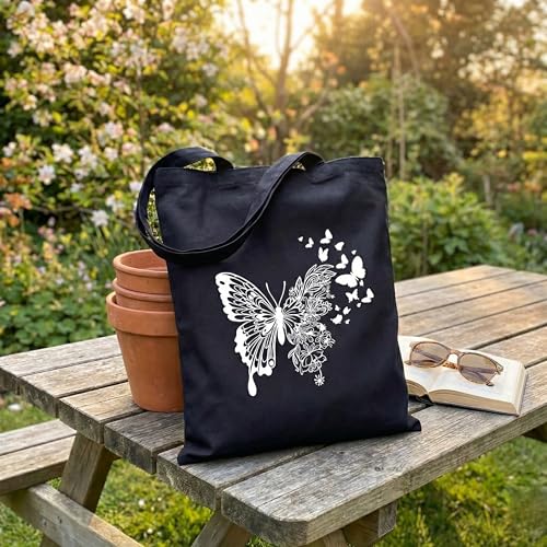 Image of STRUTT Foldable Canvas Tote Bag for Women, Tote Bag for College Girls, 100% Organic Cotton Reusable Shopping Bag for Grocery, Eco-Friendly Multi-Purpose Bag for Travel & Daily Use - White Butterfly