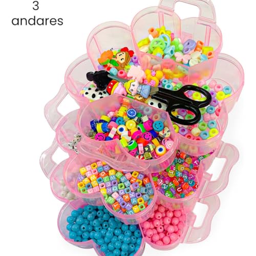 Kit Missangas Infantil Maleta com Perolas Coloridas Apliques Emborrachados Letra Pulseiras Tiara Fio