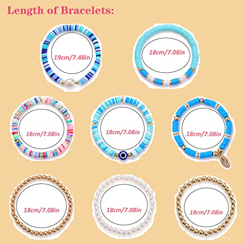 8Pcs Preppy Beaded Bracelets Set For Women Teen Girls,Colorful Heishi Clay Bead Bracelets Stackable Stretch Gold Beaded Evil Eye Pearl Shell Summer Beach Surfer Boho Bracelets Aesthetic Y2K (Blue 8Pcs) #TOP5