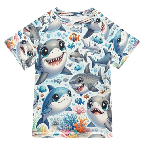 Boys Sun Shirts UV Protection Short Sleeve Rash Guard Swim Shirt Shark Water Shirt Rashguard 7-8T,34