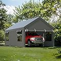 JY QAQA Carport, 12x20 FT Heavy Duty Carport with Removable Side Walls and Doors, Portable Garage with Roll-Up Window and Sandbags, Car Canopy with All-Season Tarp for Cars, Trucks, Boats, Grey