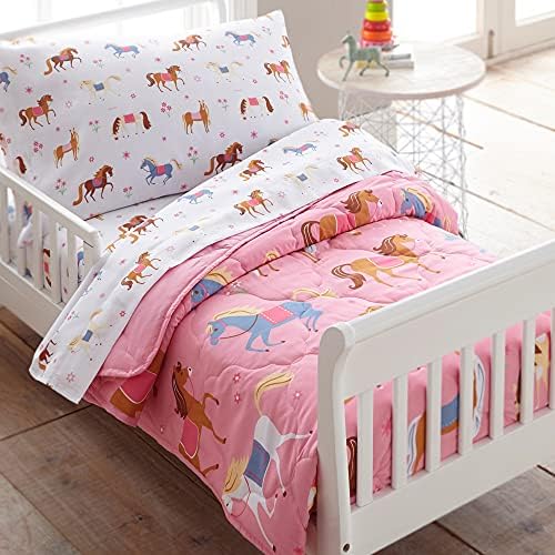 Wildkin Kids 4 Pc Toddler Bed In A Bag for Boys and Girls, Microfiber Bedding Set Includes Comforter, Flat Sheet, Fitted Sheet, and One Pillow Case (Horses)