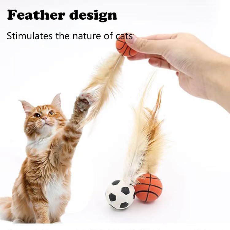 Miniatura 3 de Juego de bolas interactivas de juguete para gatos 2025  Juguetes elásticos para mascotas con plumas naturales, bolas rodantes de silicona para gatos