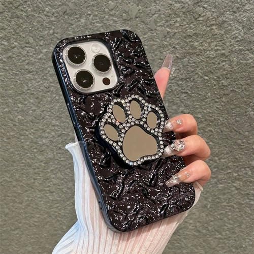 Coque iPhone 13 antichoc noire avec support griffe de chat et miroir strass