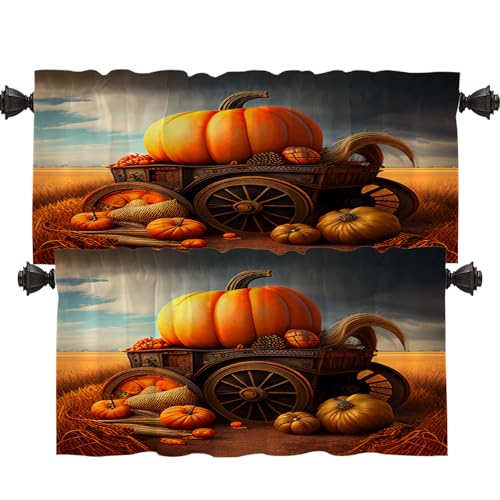 Shrahala Happy Thanksgiving Day Kitchen Valances, Pumpkin Harvest Golden Rice Field Car Half Window Curtain Window Treatment Multilayer Polyester Blackout for Living Room Bathroom 2 Pack 52 x 18 in
