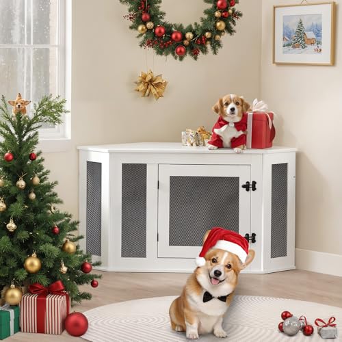 MAHANCRIS Eck Hundekäfig Möbel, Hundebox für Zuhause, im Innenbereich, 113 x 60 x 60 cm, Haustierkäfig für Kleine und Mittelgroße Hunde, Multifunktional, Vintage-Stil, Verwittertes Weiß ADCWT0801