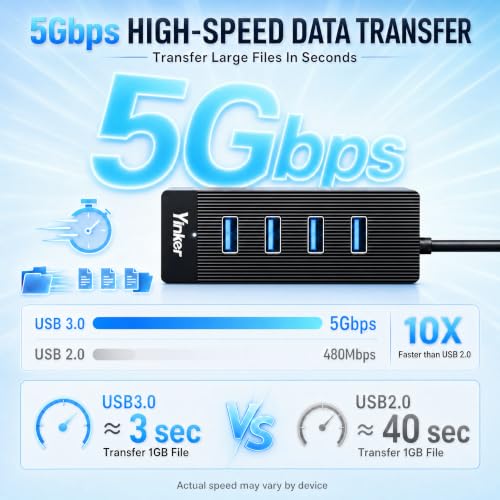 Image of USB 3.0 Hub Long Cable 10FT, 4 Port USB Extension Data Cable USB Dock Extender for Desktop PC Laptop Mac, Windows, 5Gbps