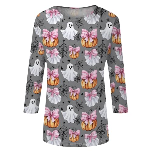 Image of Women Spooky Halloween Graphic Shirt 3 /4 Length Sleeve Crewneck Top | Halloween Funny Printed Pumpkin Plus Size Tshirts 2026 Fall Outfits Skeleton Tee Going Out Tops
