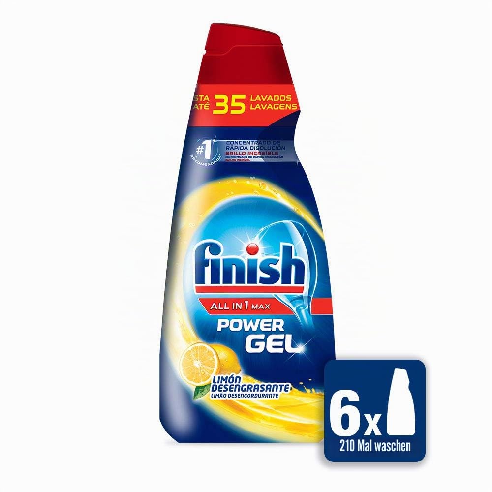 Finish All in 1 Max Power Gel Zitrone Entfettungsgel für Spülmaschine, 6 Stück - 210 Wäschen