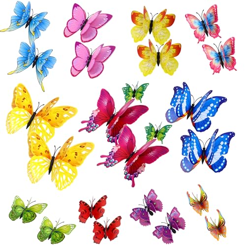 24 Stück 3D-Schmetterlings-Wanddekoration, Bunte Schmetterlinge mit Doppelflügeln aus PVC, mit Magneten & Klebepunkten, für Kinderzimmer, Schlafzimmer, Hochzeit, Party, DIY & Geschenkdeko