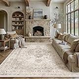 PureCozy Taupe 8x10 Area Rug Washable Vintage Living Room Carpet Non Slip Retro Distressed Low Pile Soft Oriental Medallion Thin Large Throw Rug for Office Bedroom Dining Room Playroom